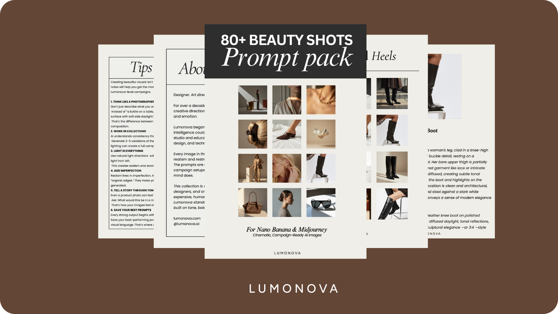 80+ editorial AI prompts van Lumonova voor merken en creatives.